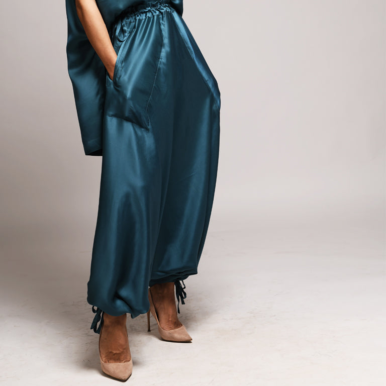 Truvian 212 Fancy Pants – Botanical Silk Harem Pants in Aquamarine